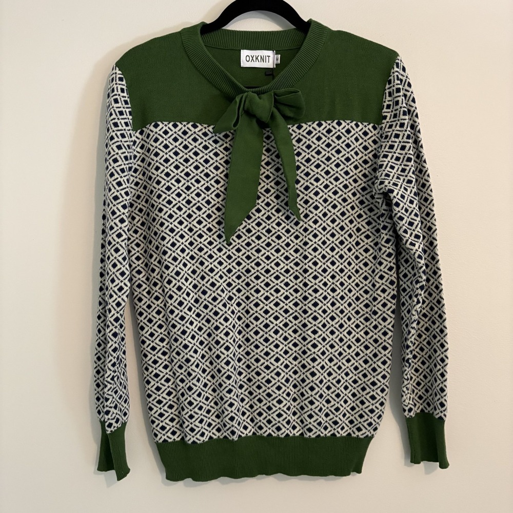 NWT OXKNIT 100% Cotton Green Patterned Bow Neck Knit Sweater Size M Preppy Twee